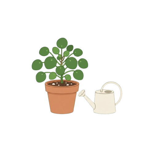 A potted succulent plant next to a white watering can on a black background