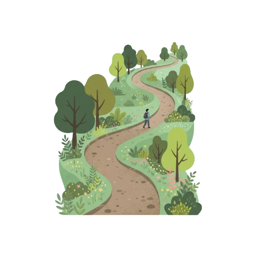A person walking along a winding dirt path in a lush green forest with trees and plants on both sides.