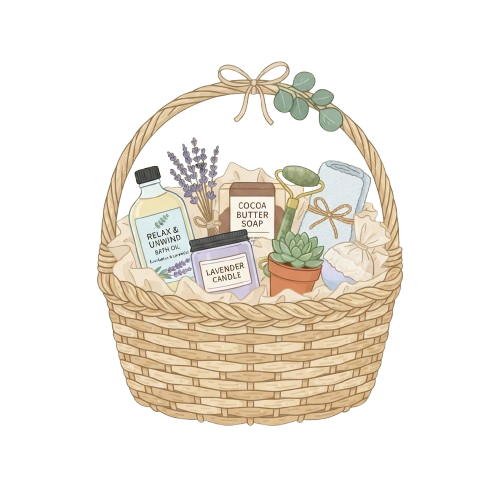A woven basket filled with spa items including soap, candles, bath salts, and a small potted plant.