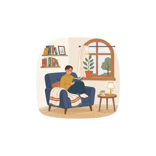 Person sitting in armchair reading a book by a window with a plant and bookshelf in background