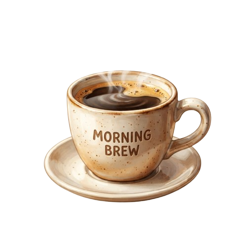 A ceramic coffee mug filled with steaming coffee placed on a matching saucer, labeled Morning Brew