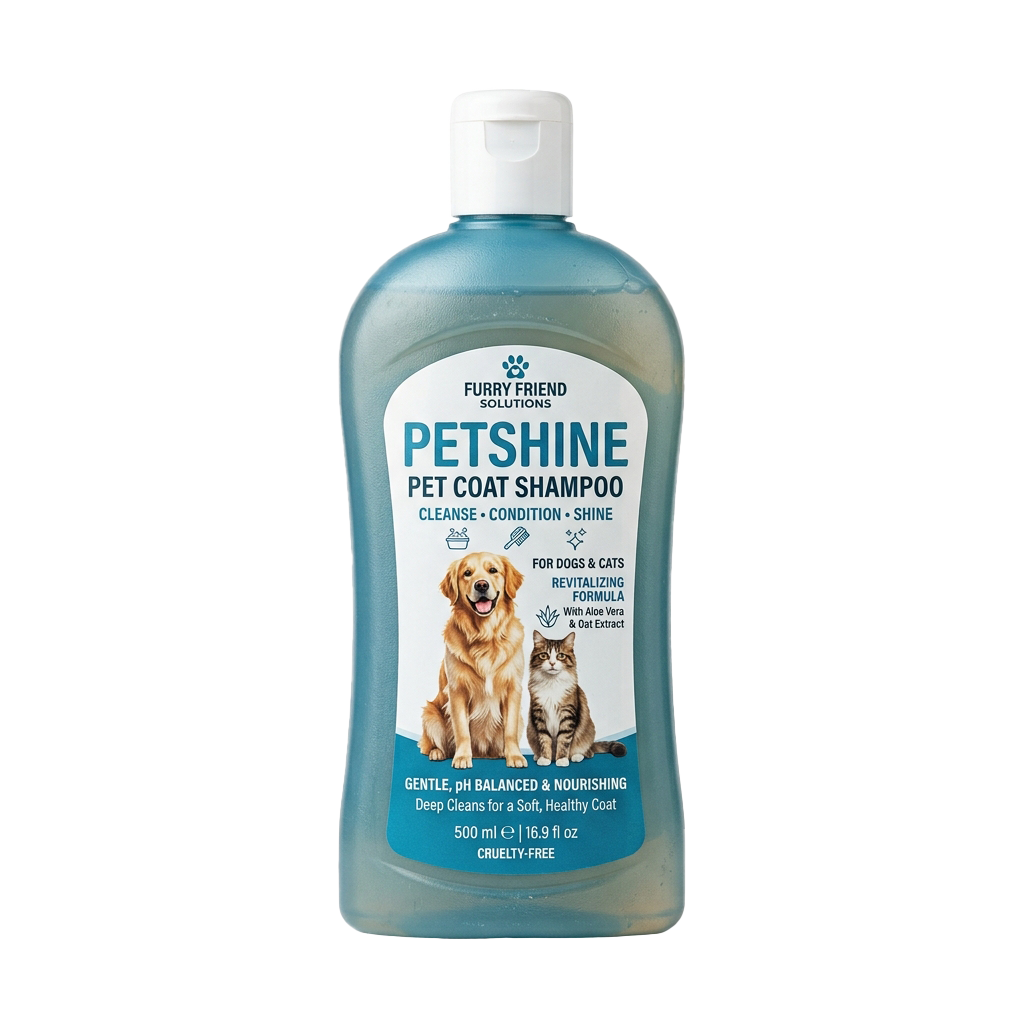 Bottle of pet shampoo labeled for dogs and cats with images of a dog and cat on the front