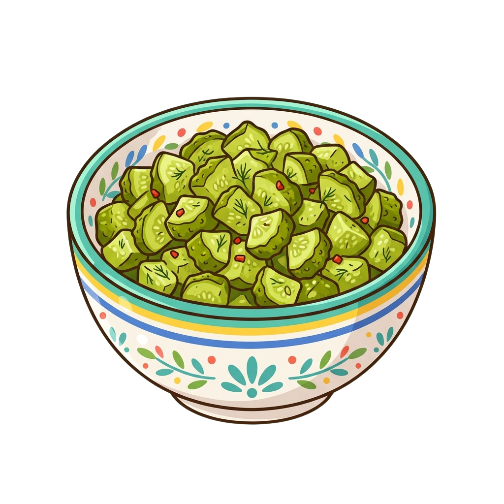Ceramic bowl with colorful stripes and floral patterns filled with sliced green cucumbers