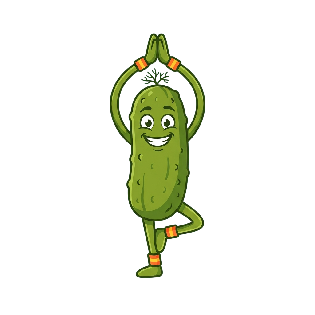 A cheerful green cucumber character doing a yoga pose with hands clasped above head and one leg bent