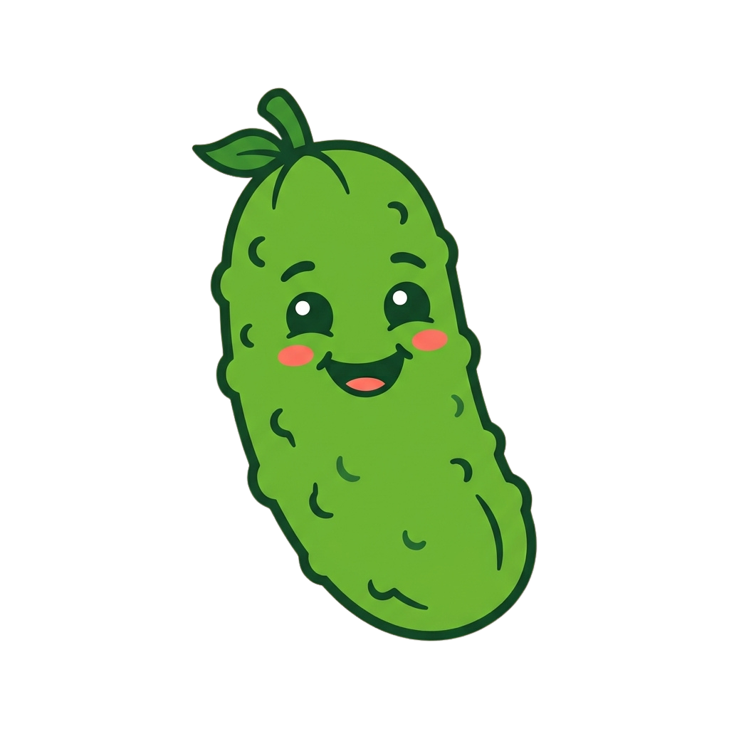 A smiling cartoon cucumber with green skin, white eyes, and a leafy top.