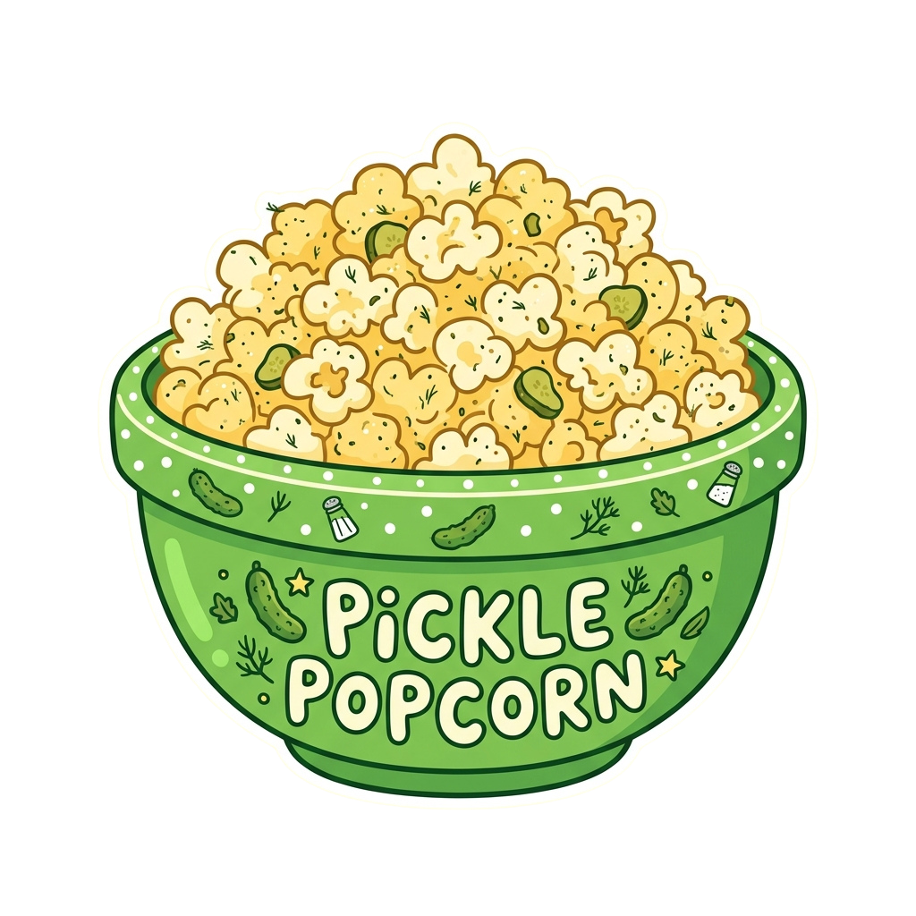 A green bowl filled with popcorn shaped like pickles, labeled Pickle Popcorn with pickle illustrations around the rim