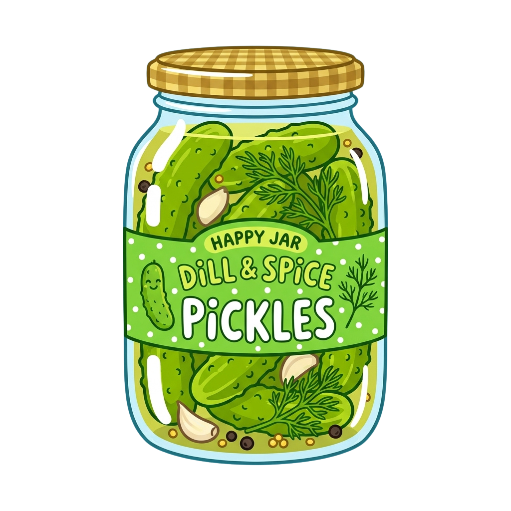 Illustration of a jar labeled Dill and Spice Pickles with green cucumbers, dill, and spices inside.