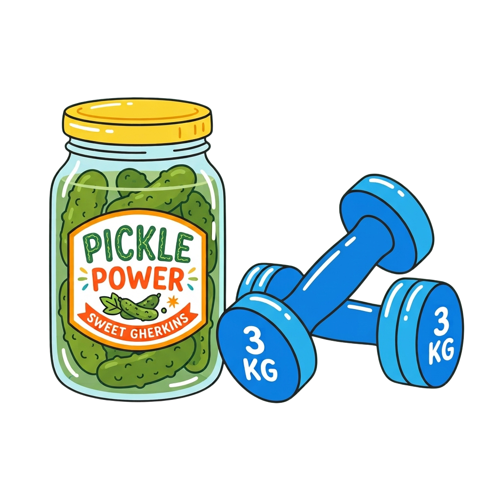Illustration of a jar labeled Pickle Power with sweet gherkins next to blue 3 kg dumbbells