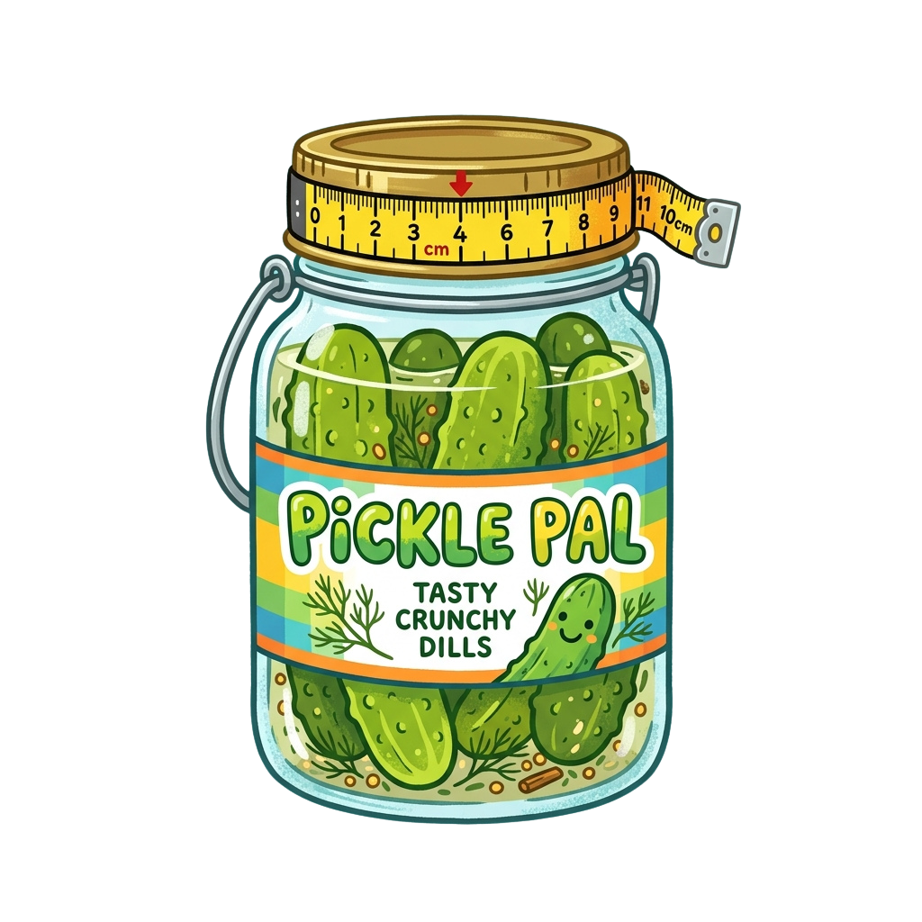 A jar of crunchy dill pickles with a measuring tape lid and a smiling cucumber character on the label
