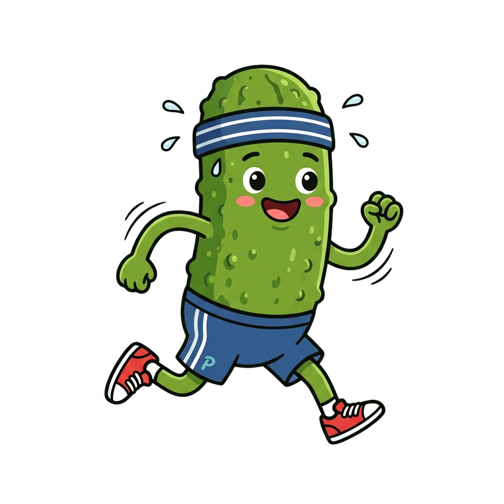 Animated cucumber character wearing a headband, shorts, and sneakers, running with a happy expression