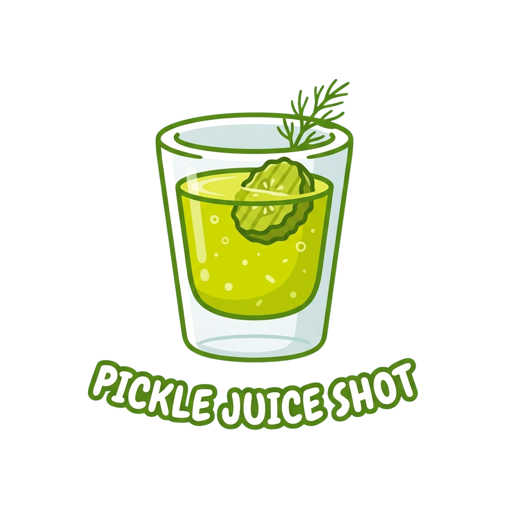 A small glass filled with yellow pickle juice shot topped with ice cube and garnished with a sprig of dill
