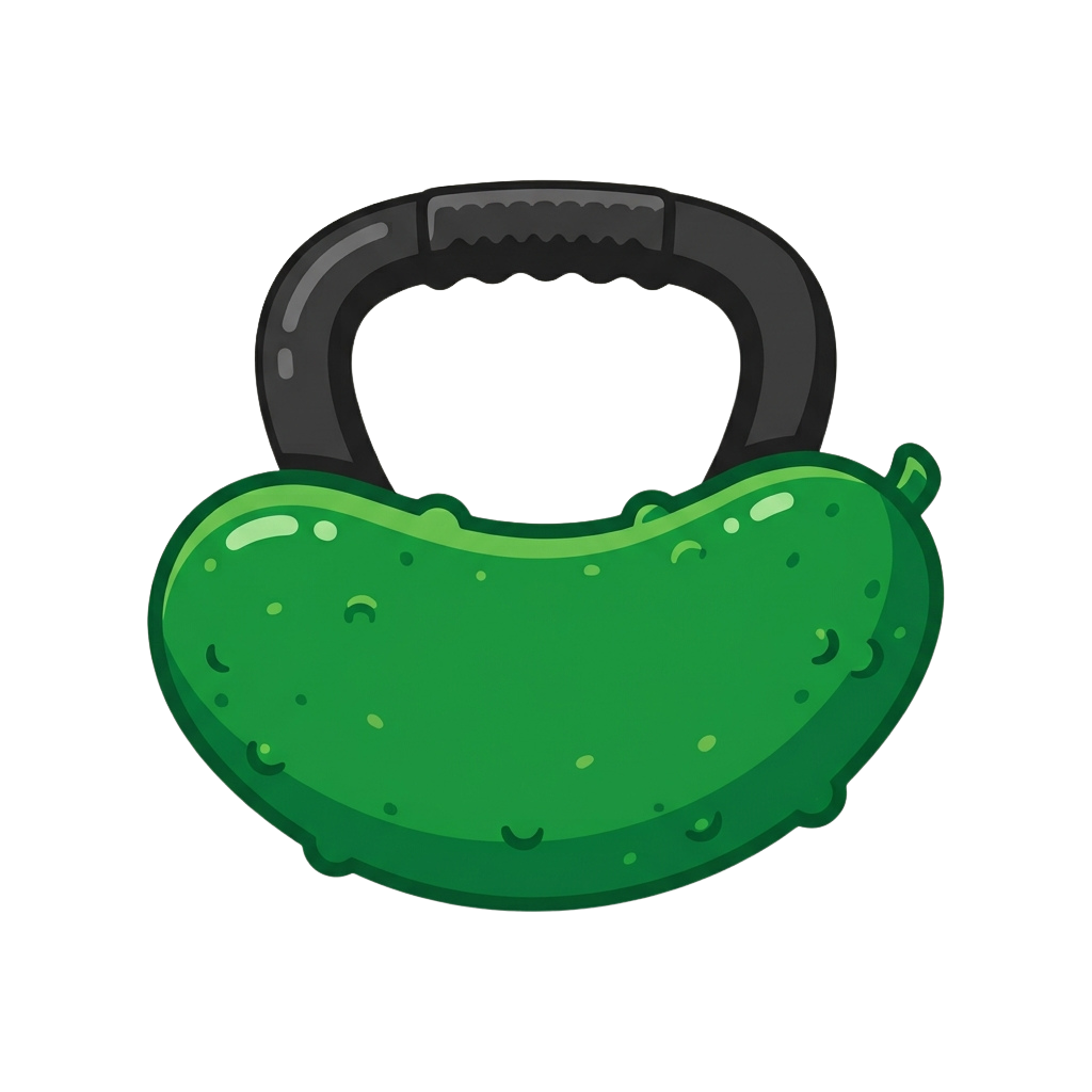 A cartoon kettlebell designed to look like a bright green cucumber with a black rubber handle.