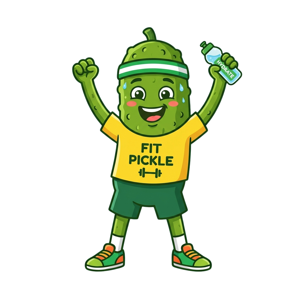 Animated green pickle character wearing sports gear, raising arms, holding a hydration bottle, smiling with sweat drops