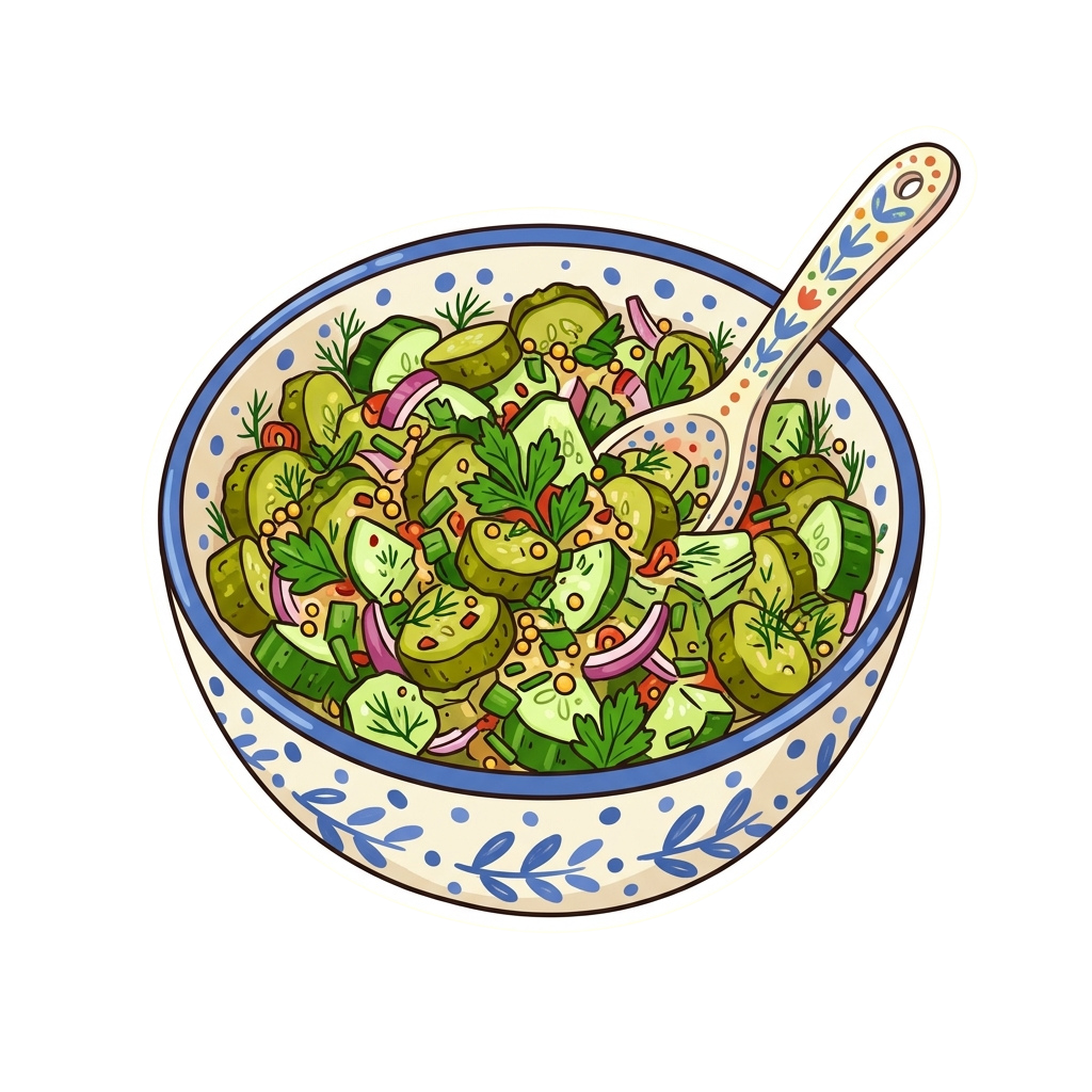 Illustration of a white ceramic bowl with blue floral trim filled with cucumber salad and a spoon