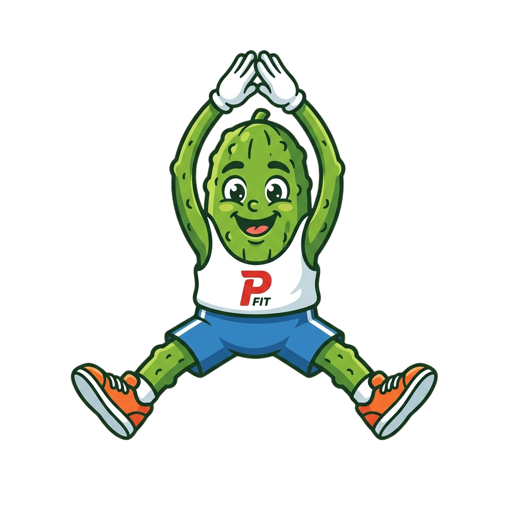 A smiling green character with arms raised in celebration, wearing a white and blue sports outfit with a logo and orange sneakers.