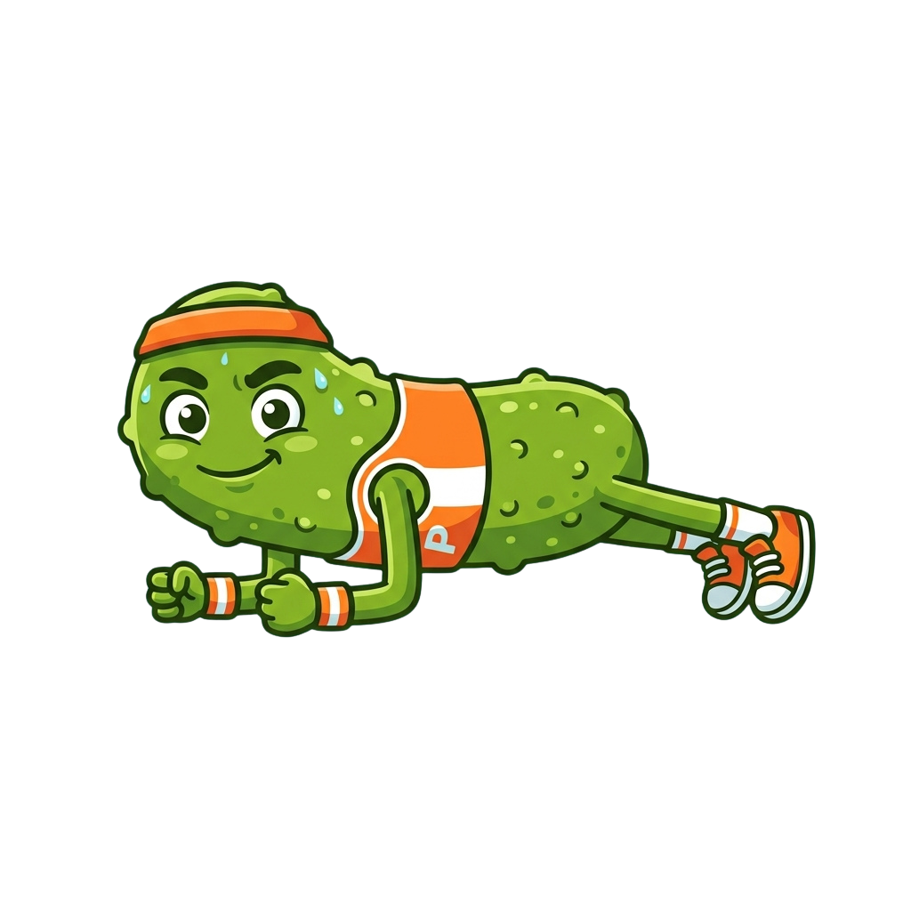 A smiling green cucumber character wearing orange and white sports gear doing a push-up.