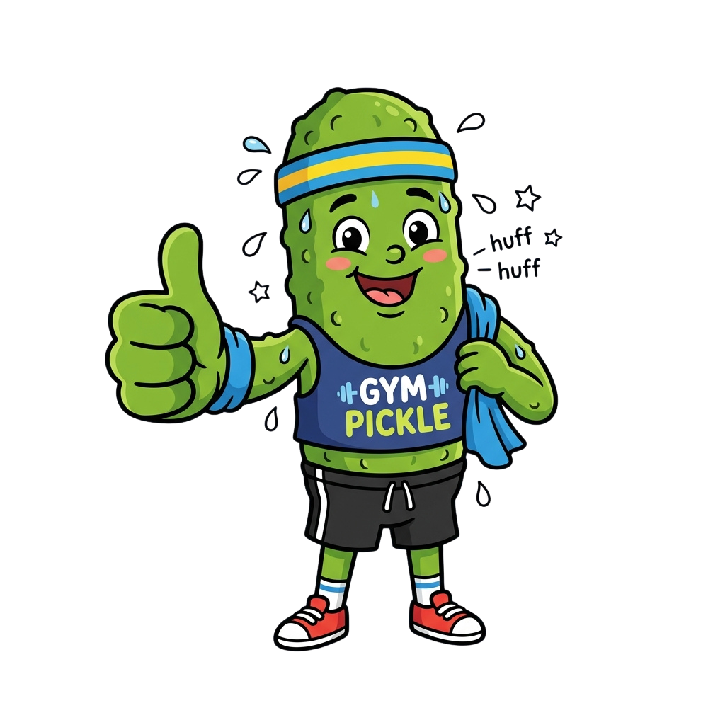 A cheerful green pickle character wearing a gym outfit, headband, and holding a blue towel, giving a thumbs-up.