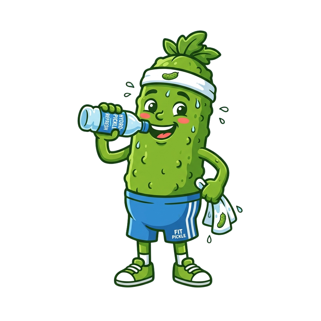 Animated pickle character wearing blue shorts and headband, drinking from a water bottle and holding a towel