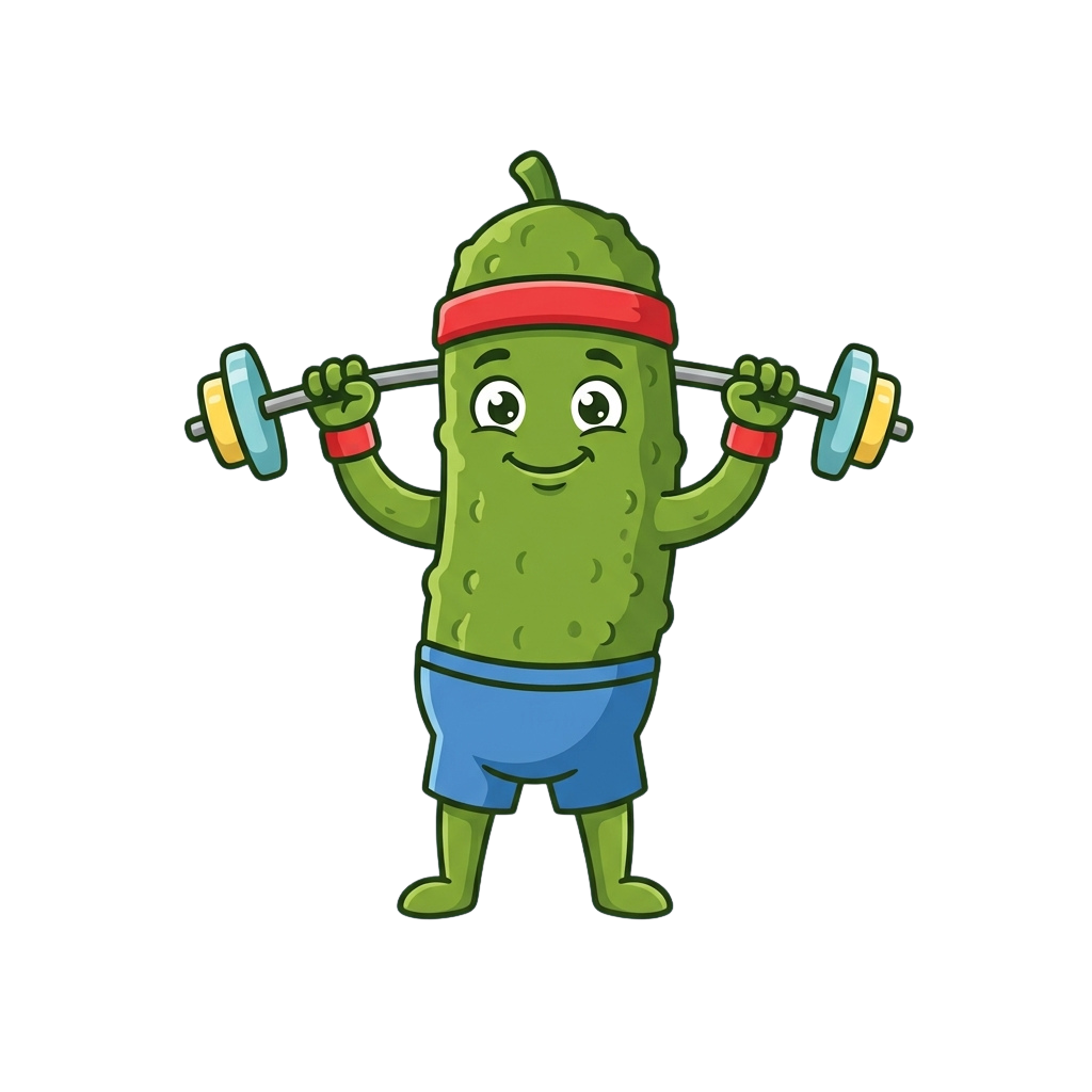 A smiling cartoon cucumber character lifting colorful dumbbells with a red headband and blue shorts