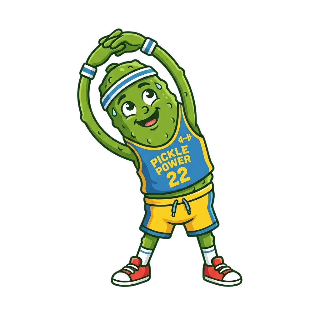Green pickleball character wearing a blue and yellow jersey with arms raised in celebration.