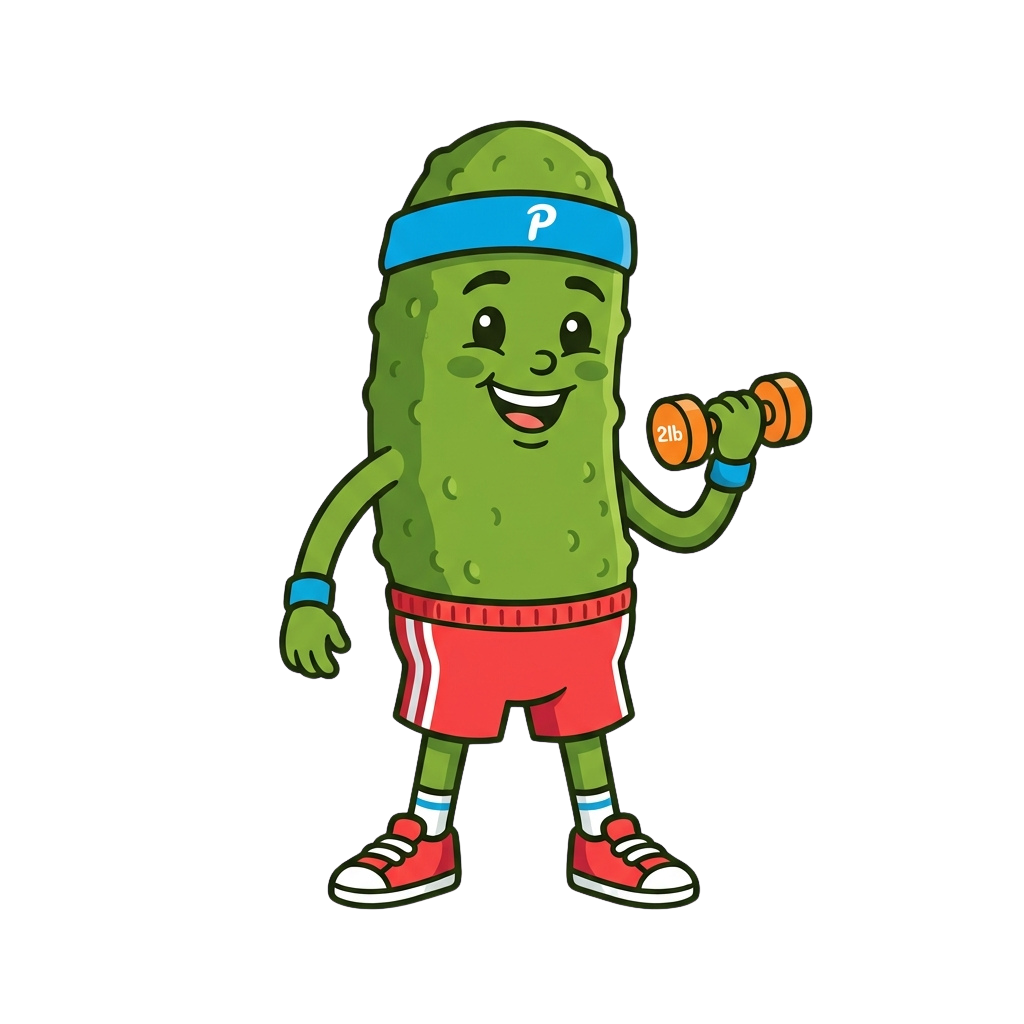 Animated cucumber character wearing a blue headband and red shorts lifting orange dumbbells