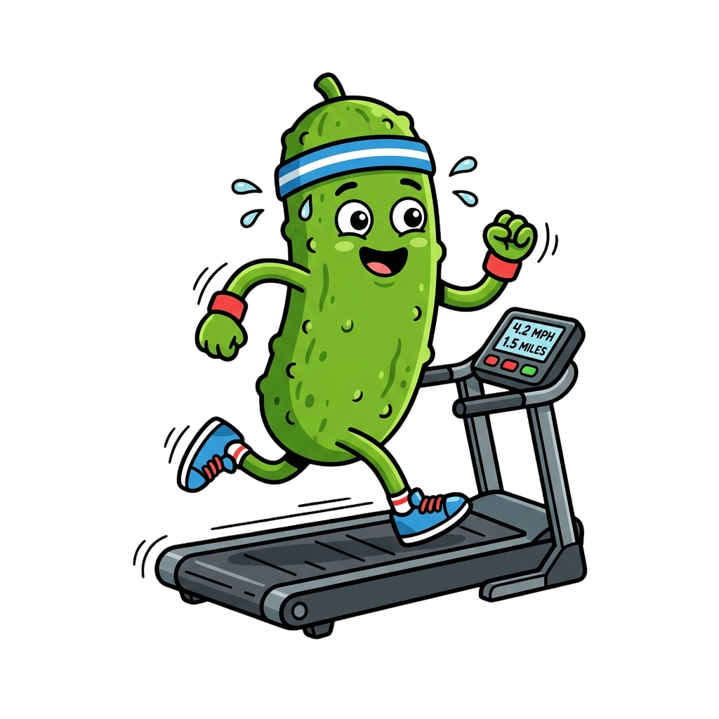 A cheerful green cucumber character running on a treadmill with a speed of 4.2 mph and distance of 1.5 miles displayed on the console