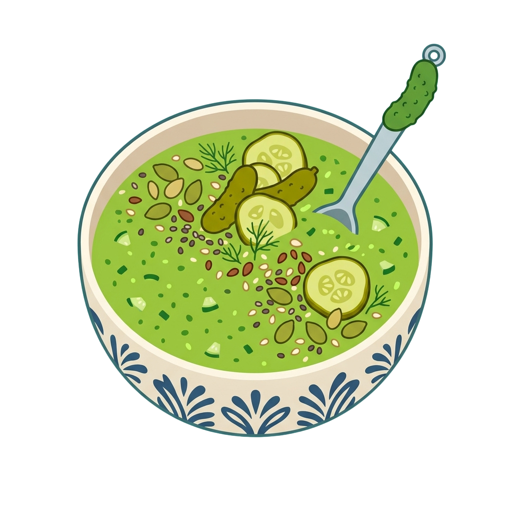 Illustration of a bowl of green cucumber soup with cucumber slices, dill, and seeds on a spoon