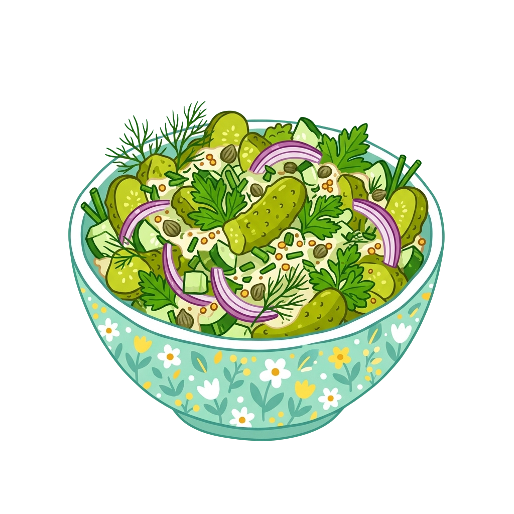 A colorful salad bowl filled with cucumbers, avocados, red onions, herbs, and seeds on a floral-patterned dish.