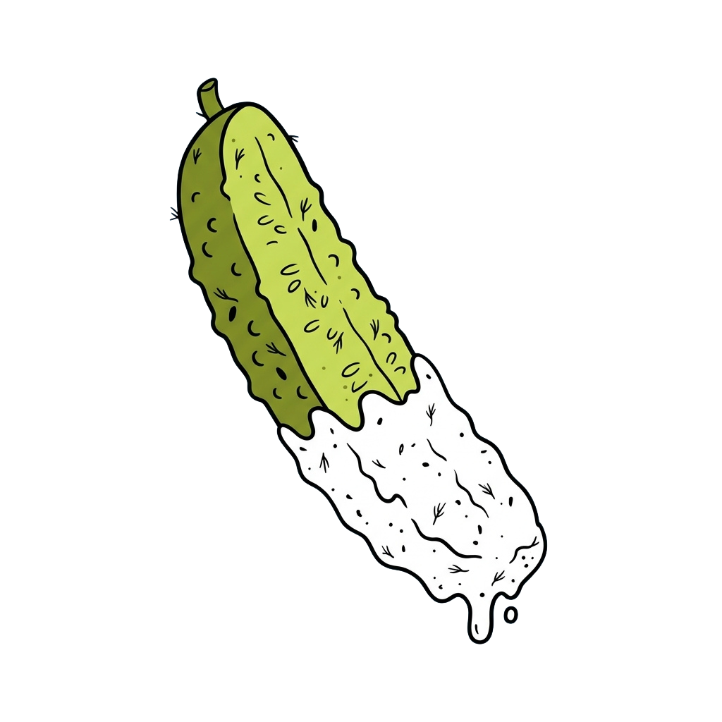 Illustration of a whole pickled cucumber with white brine dripping from the bottom