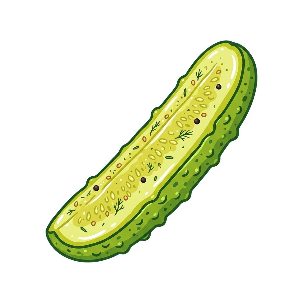 Illustration of a whole green cucumber with visible seeds and inner texture