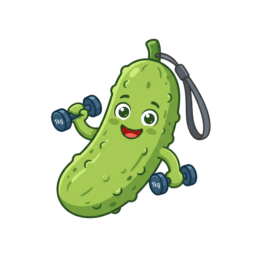 A smiling cartoon cucumber lifting small blue dumbbells labeled 1 kg each, wearing a wrist strap.