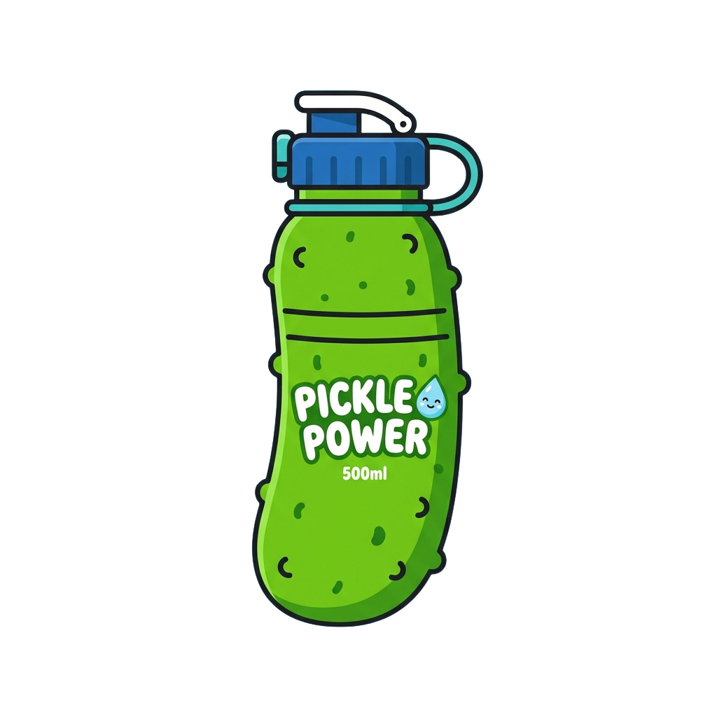 Green pickle-shaped water bottle with blue cap and strap, labeled Pickle Power 500ml