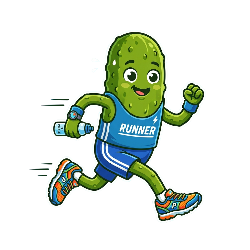 A smiling cucumber character dressed as a runner in blue athletic gear, holding a water bottle, mid-stride.