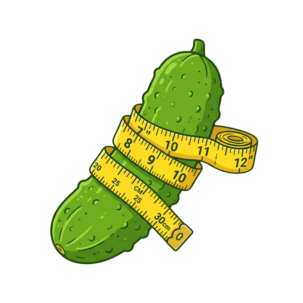 Illustration of two green cucumbers wrapped with a yellow measuring tape showing inches and centimeters