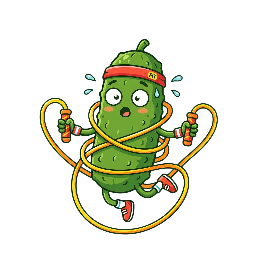 Animated cucumber character exercising with a jump rope, wearing a headband and sneakers