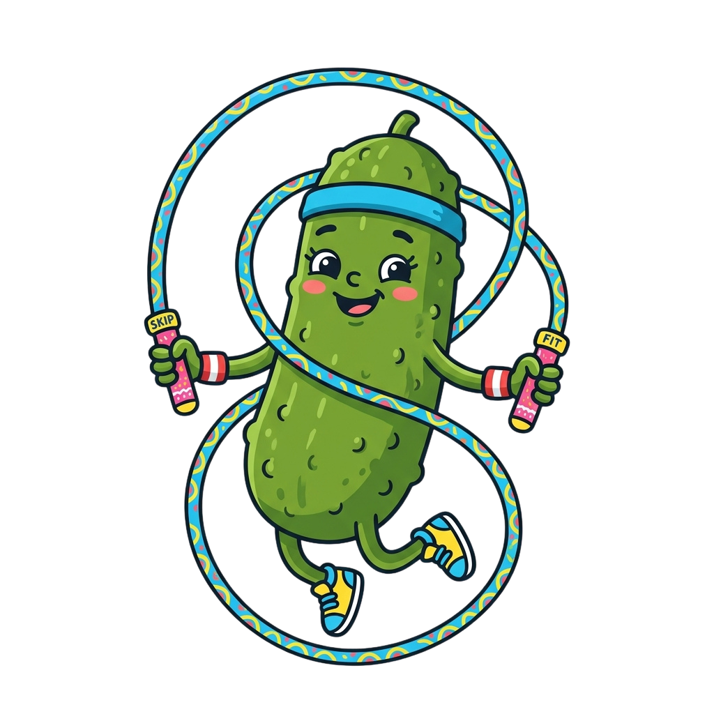 A smiling green cucumber character jumping rope with colorful handles and a blue headband