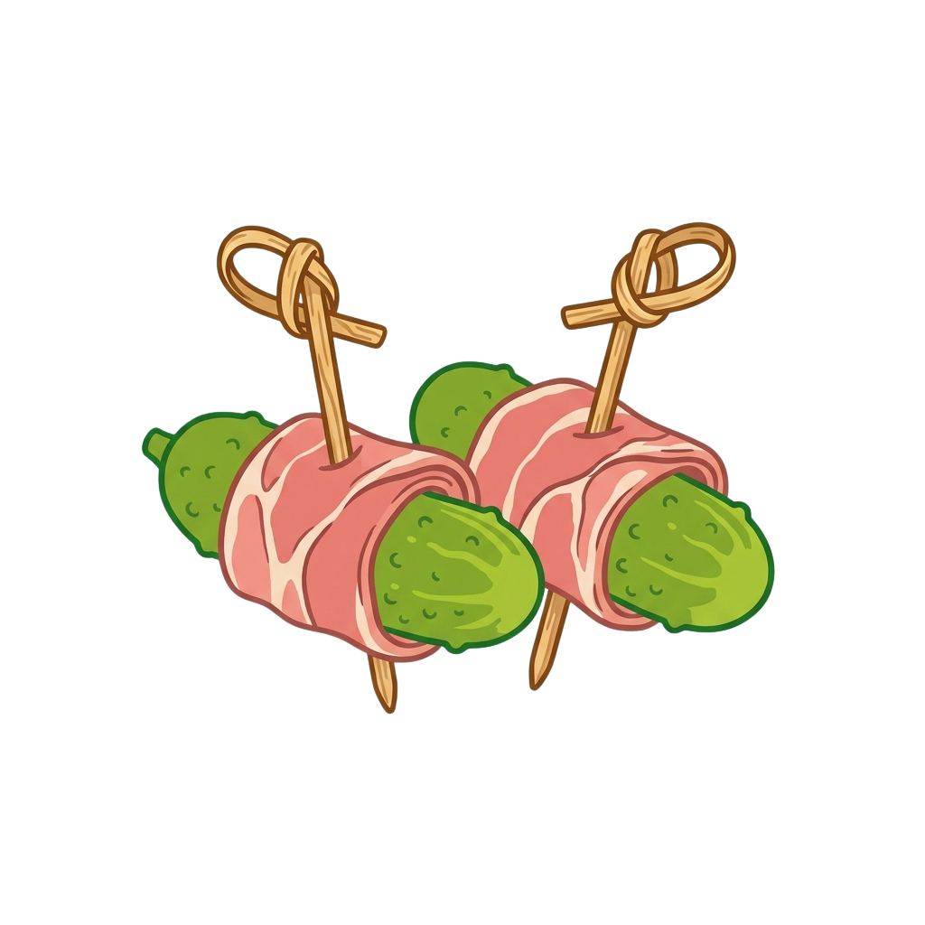 Two skewers with pink meat and green vegetable pieces tied with twine