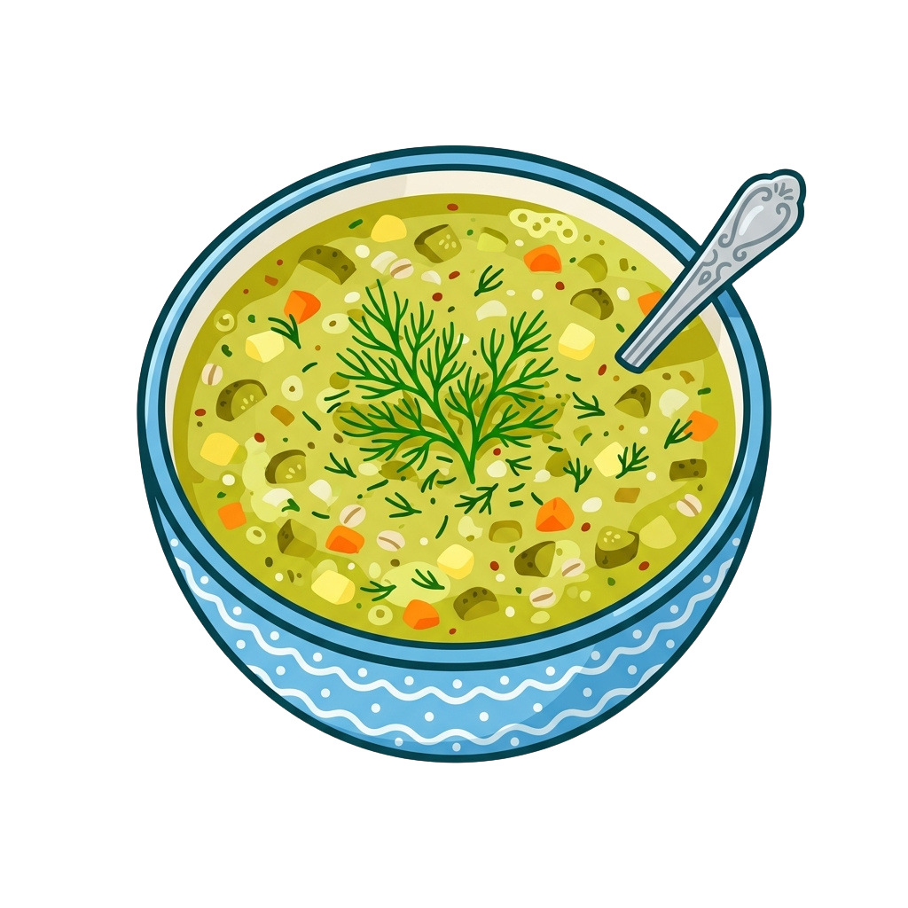 A blue bowl filled with hearty vegetable soup garnished with dill, a spoon resting inside