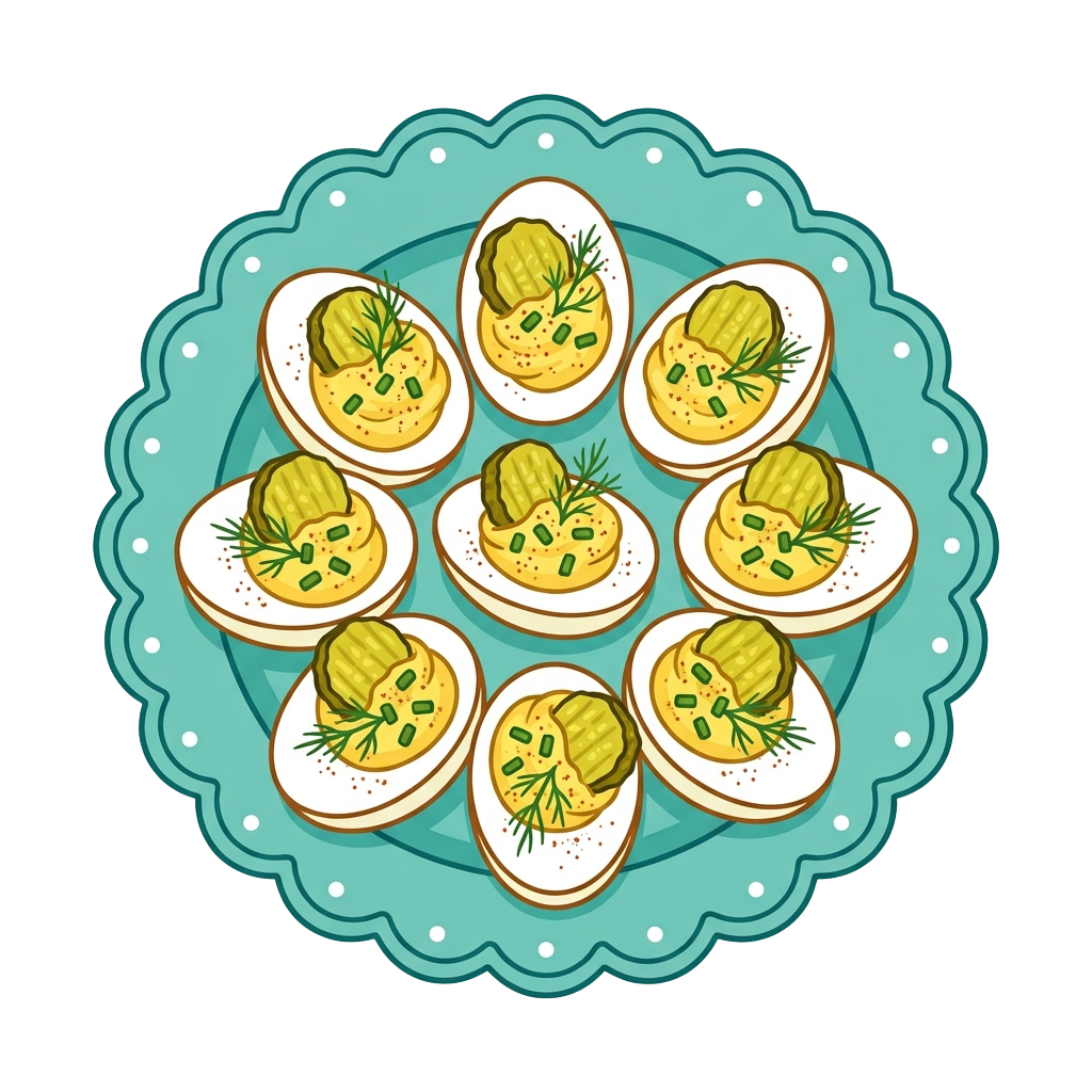 Nine deviled eggs with faces made from herbs and spices arranged on a blue scalloped plate