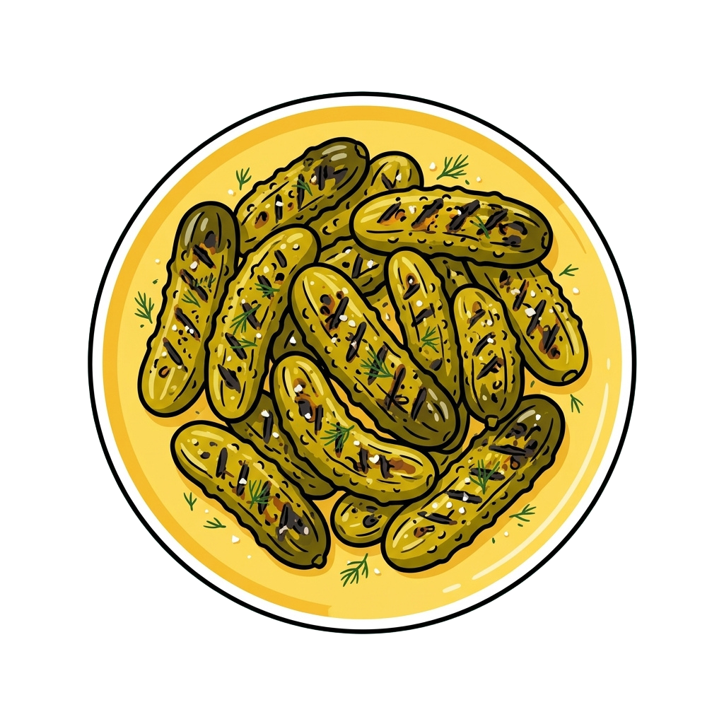 A jar filled with pickled cucumbers garnished with green herbs on a yellow background