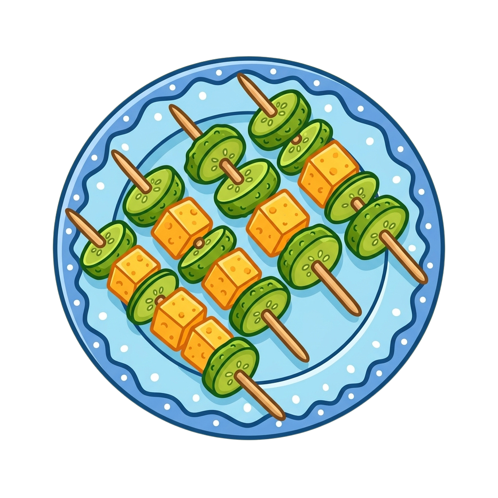 Illustration of skewers with alternating cheese cubes and cucumber slices in a blue bowl with bubbles