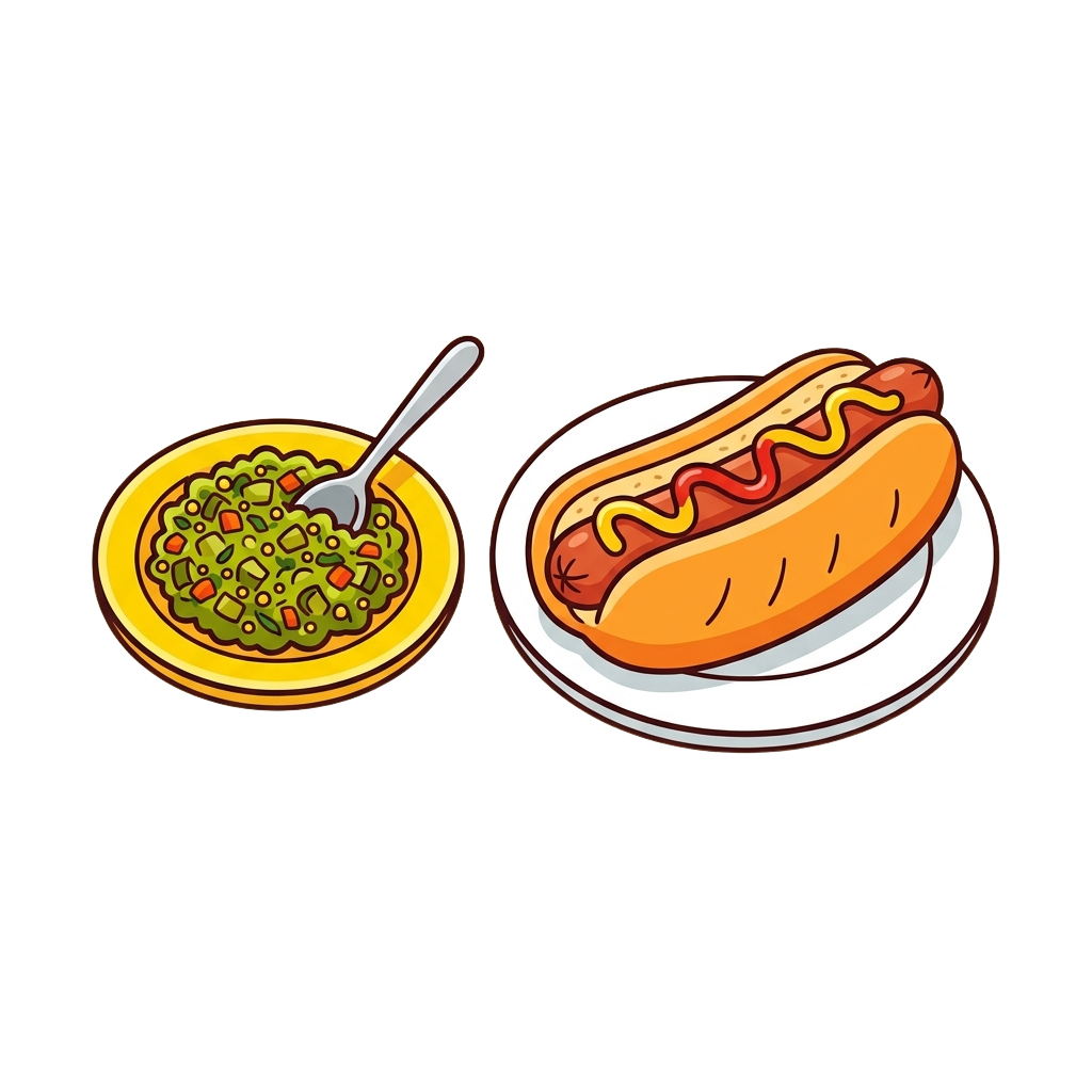 Illustration of a hot dog with ketchup and mustard on a plate next to a bowl of green chili with a spoon
