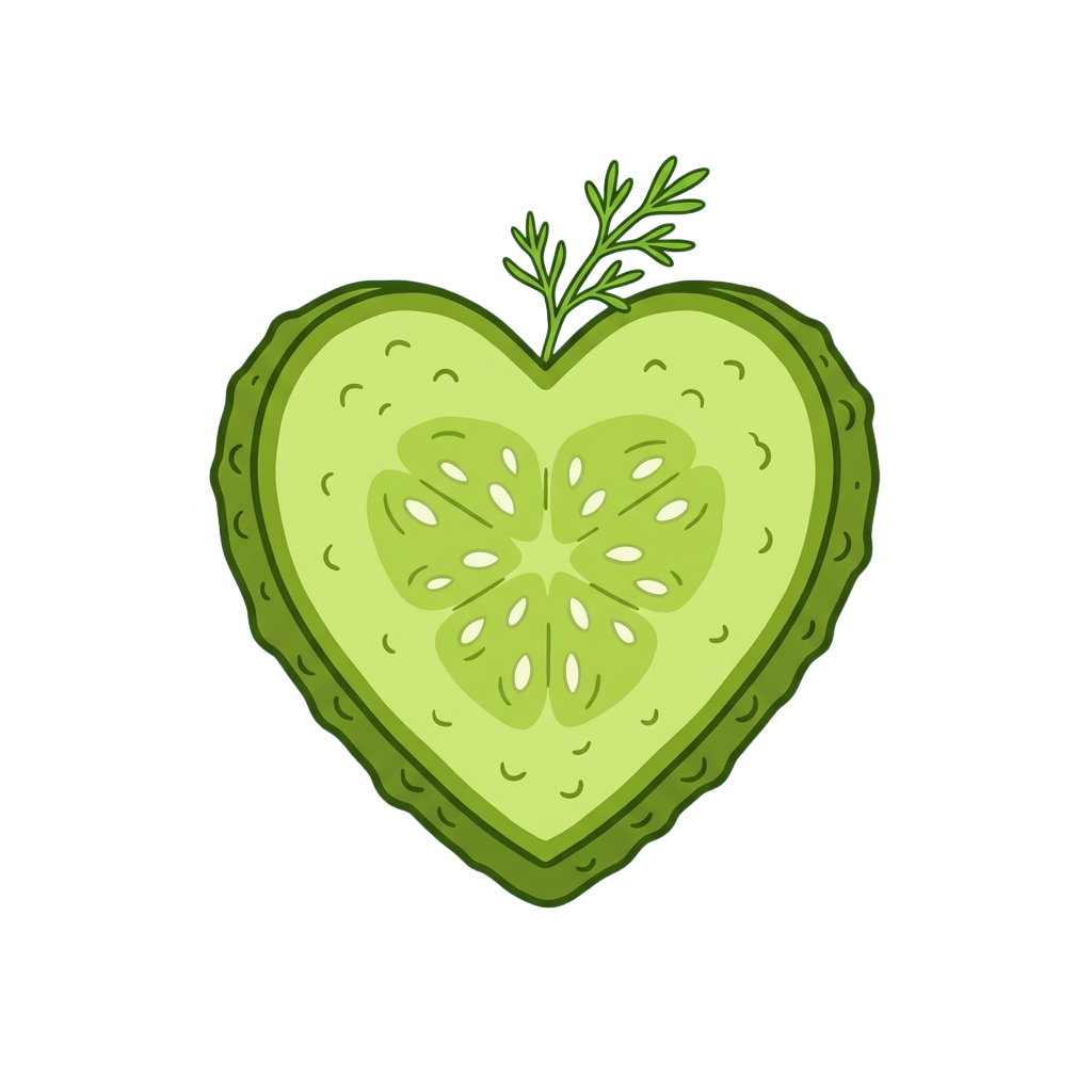 A heart-shaped slice of cucumber with a green stem on top against a black background
