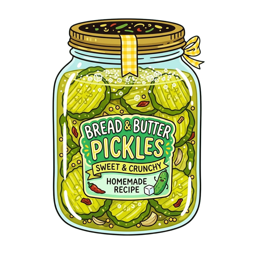 Illustration of a jar filled with homemade bread and butter pickles, labeled sweet and crunchy with a homemade recipe tag.