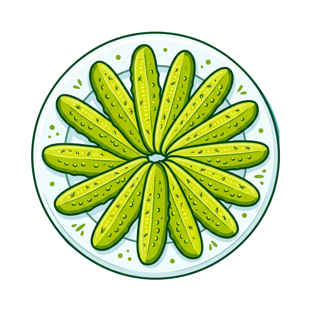 Illustration of a white plate with green cucumber slices arranged in a radial pattern