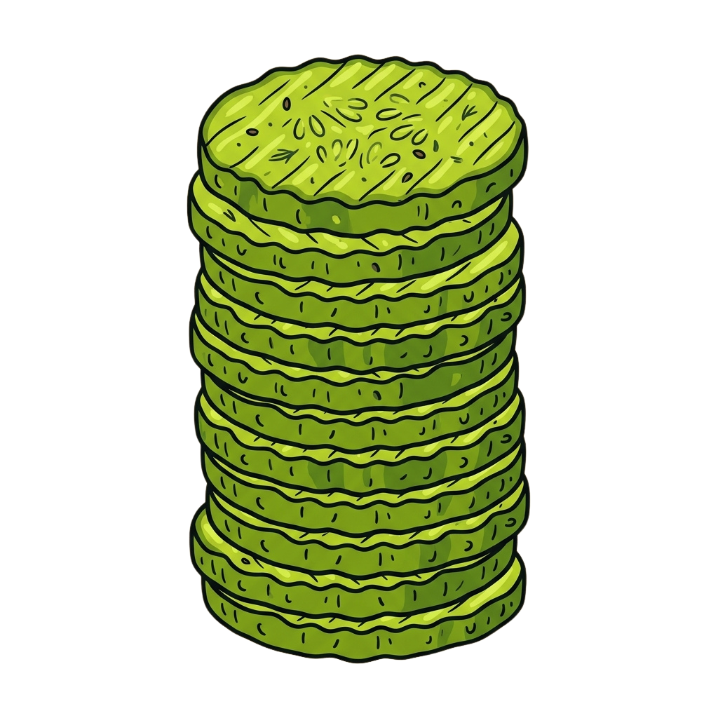 Illustration of a stack of green cucumber slices with textured surfaces and wavy edges
