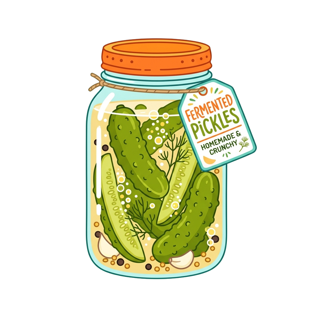 A glass jar filled with fermented green pickles and a label reading Fermented Pickles Homemade Crunchy