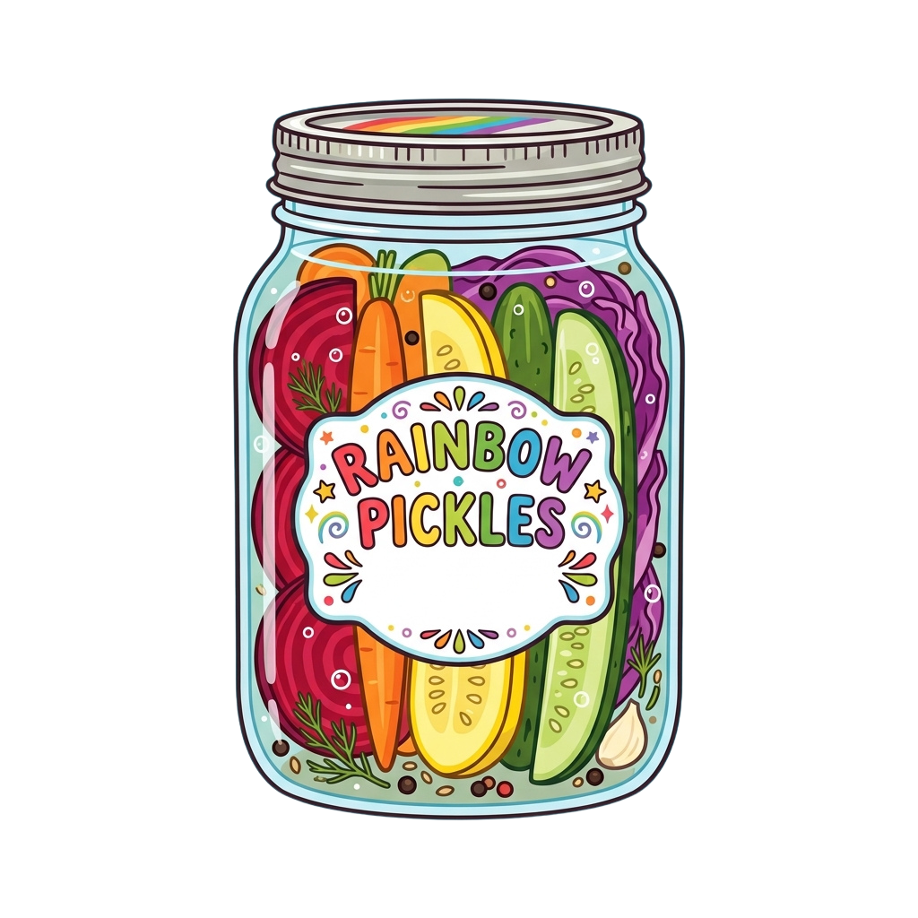 Illustration of a jar filled with rainbow-colored pickles and spices, labeled Rainbow Pickles