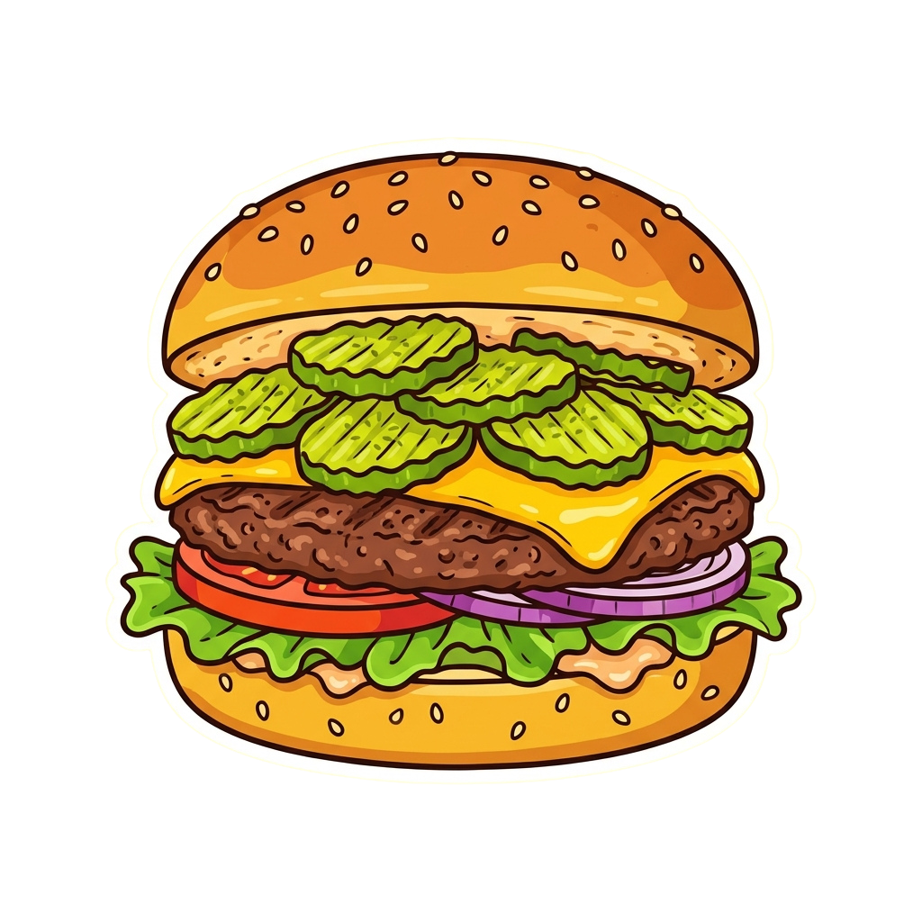 Illustration of a cheeseburger with a beef patty, melted cheese, lettuce, pickles, and sesame seed bun