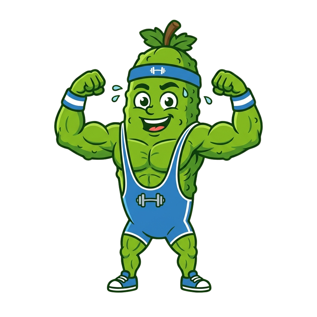Green avocado character flexing muscles wearing blue gym shorts and headband with sweat drops